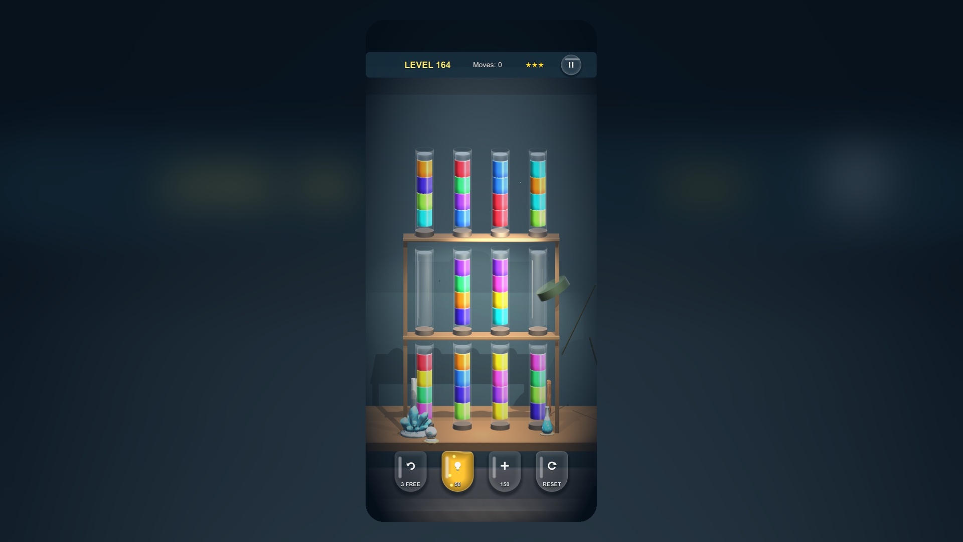 Lab Sort level 164: twelve glass tubes of layered colour on shelves in the Arctic lab